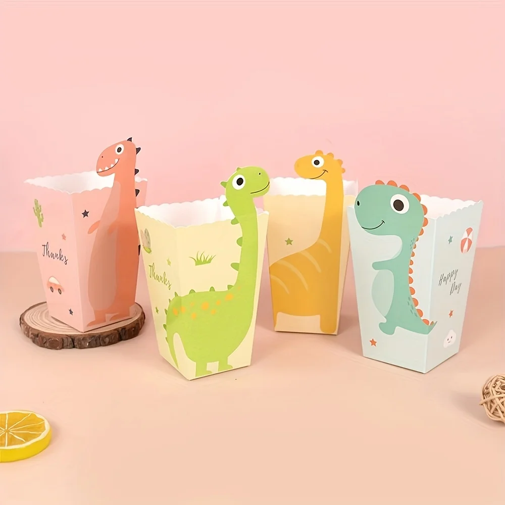 12pcs Cartoon Dinosaur Popcorn Box Candy Biscuit Packaging Bag For Birthday Party Decoration Cookie Animal Boxes Easter Gift