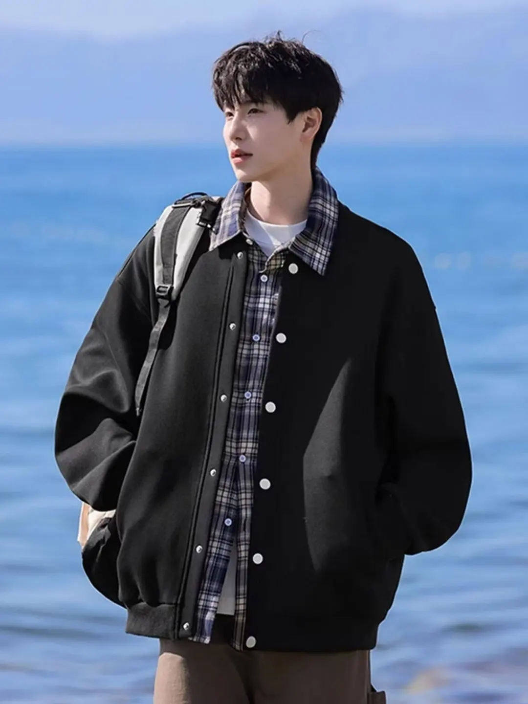 American Style Loose Fit Plaid Splicing Open Cardigan Sweatshirt Men's Fashion Heavyweight Autumn Winter Jacket Coat