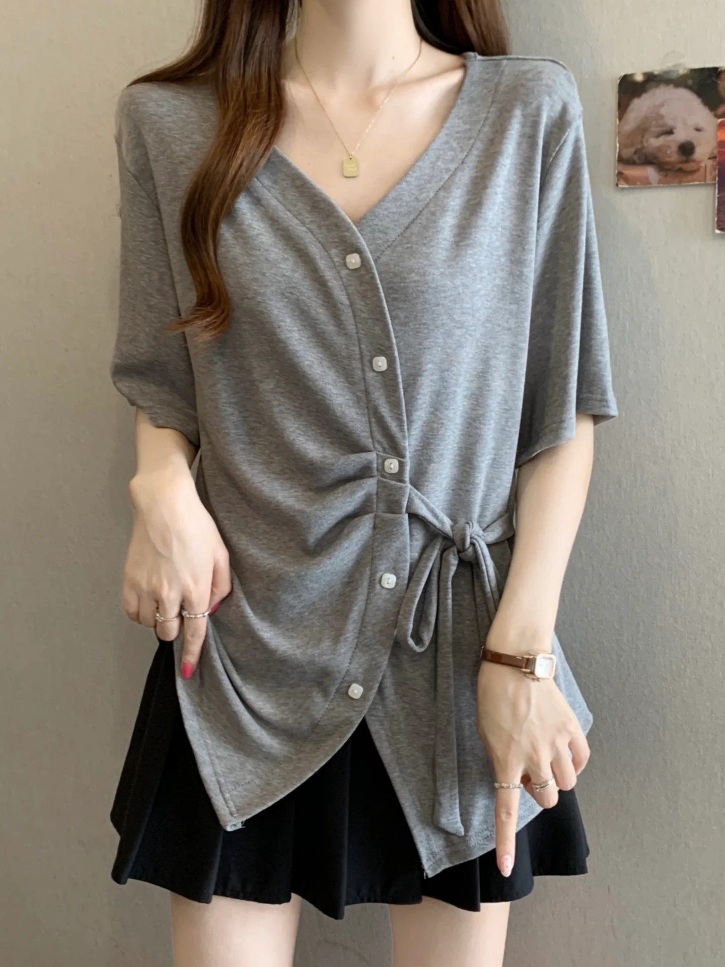Slimming V-Neck Short Sleeve T-Shirt Women's Summer Base Shirt plus Size Knot Waist Tie Drape Top Comfortable Knitted Casual