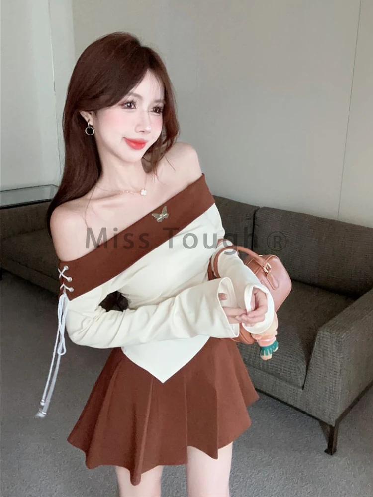 Winter Vintage Elegant Two Piece Set Woman Preppy Style Sweet Skirt Suit Female Fashion Off Shoulder Tops + Y2k Mini Skirt 2023