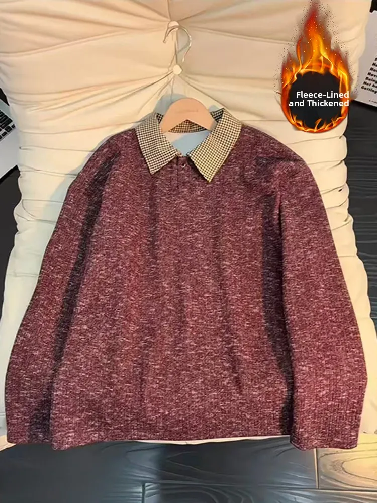 

Men's Fce Lined Long Sve Crew Ne Sweatirt Inner Wear Casual Warm Outerwear Autumn Winter Faion Youth Sle