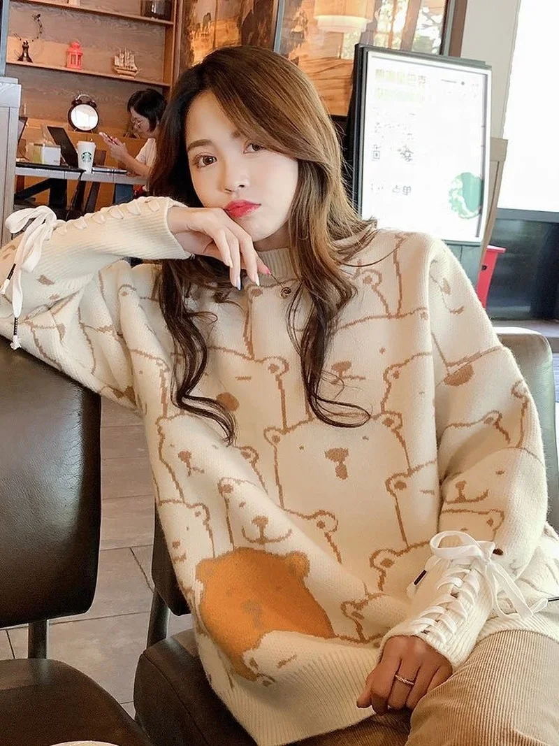 Cute Bear Girl Sweater Korean Version of Bear Cuff Sweater Women New Sweater Autumn Ladies Pullover Loose Knit Top Long Sleeves