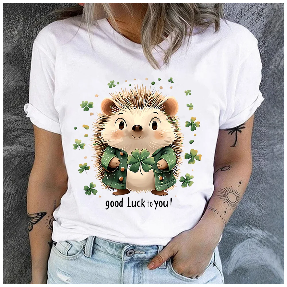 Cotton 100% St Patrick's Day Cute Hedgehog Clover Print T Shirt Women Good Luck Graphic Short Sleeve Tee Lucky Shamrock Animal