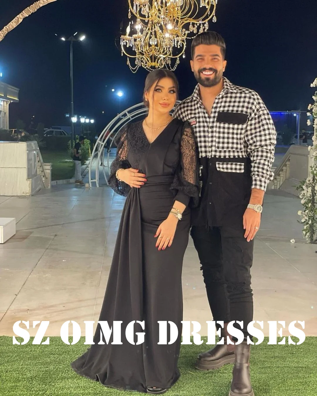 

OIMG New Design V-Neck Satin Mermaid Prom Dresses Saudi Arabic Women Puff Sleeves Black Evening Gowns Formal Party Dress