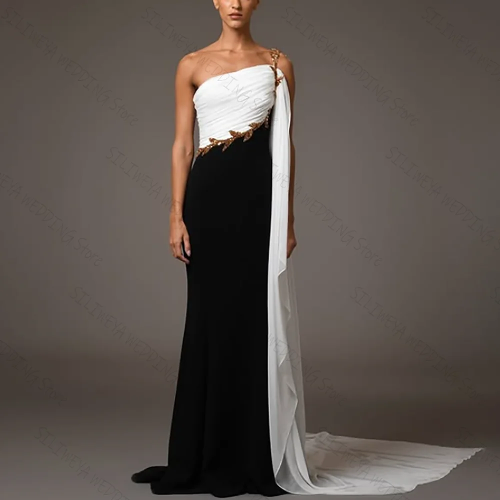 

Fashion Elegant Slim Black And White One Shoulder Prom Dress Chic Female Party A-Line Evening Gown