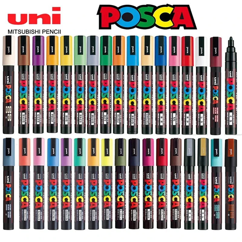 Uni Posca Full Set Acrylic Paint Markers Pens PC-1M PC-3M PC-5M 7/8/12/15/24/29C for Rock Painting,Frabric,Glass/Metal,Graffiti