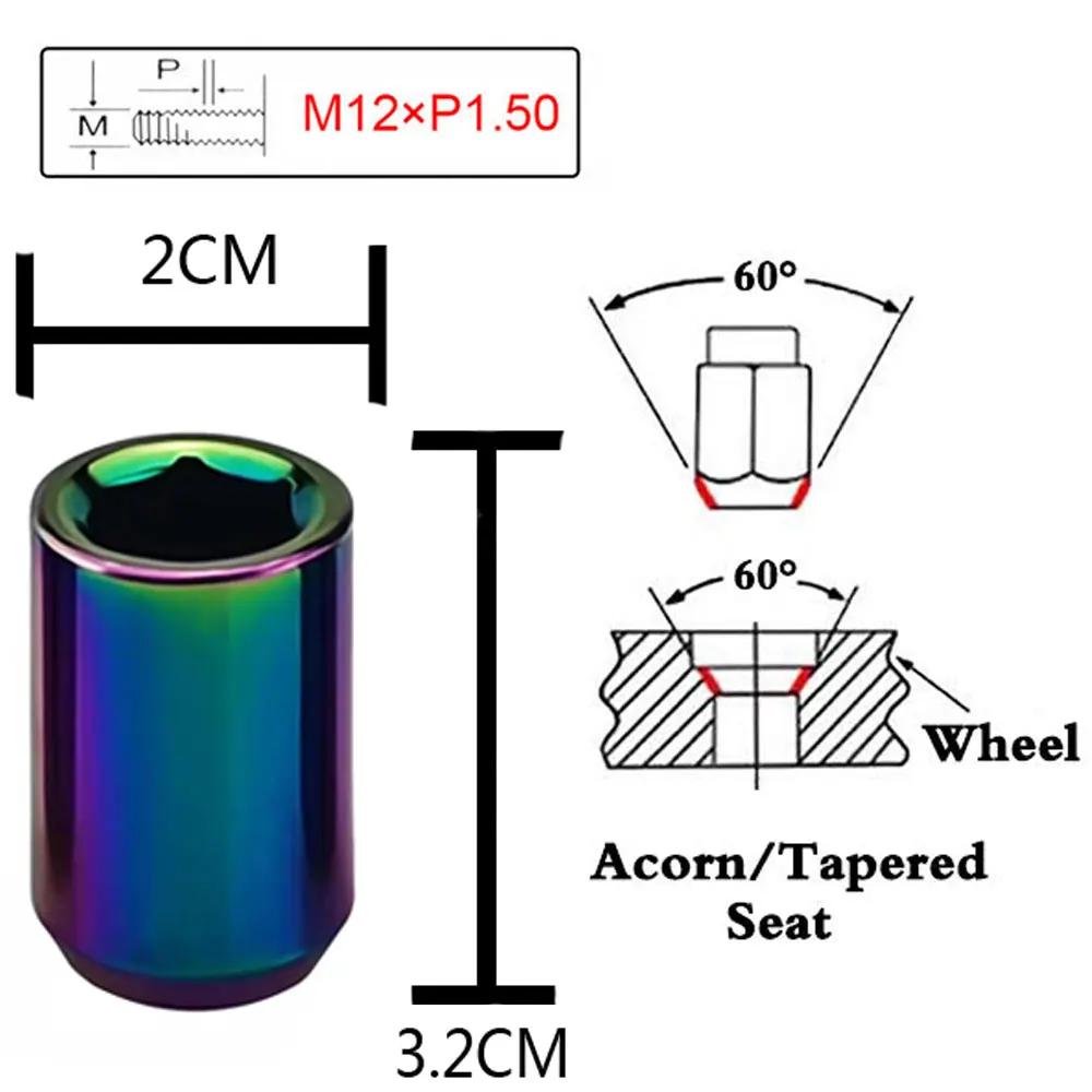 Universal 32mm Stainless Steel Extended Wheel Lug Nuts 20 Pieces Racing Car Steel Wheel Nuts M12 x 1.25 M12x1.5