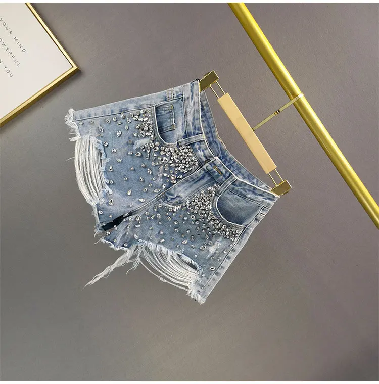 New Heavy Embroidery Diamond Drills Denim Shorts Women's New Blue Color High Waist Raw Hem A-line Pants Slimming High-End Shorts