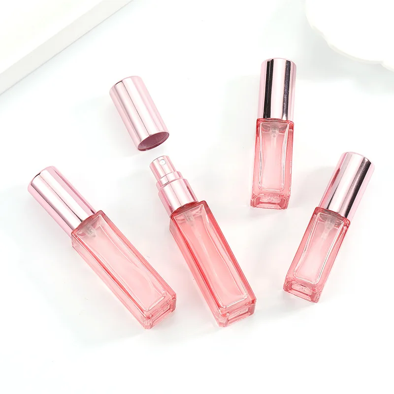 5/10ml Square Perfume Bottle Transparent Pink Glass Thickened Spray Bottle Portable Refillable Fragrance Container Bottle