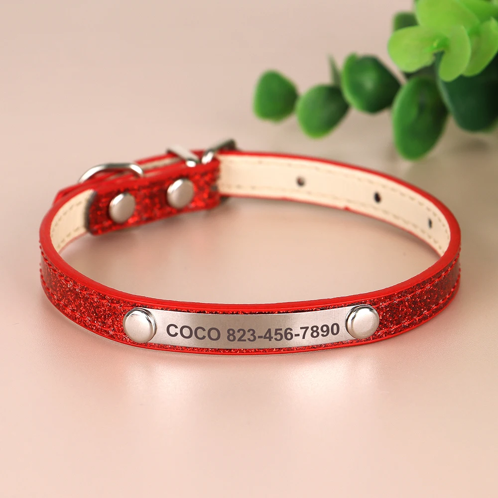 Benutzerdefinierte Katzenhalsband Bling Leder Haustier Katzenhalsbänder personalisierte geschnitzte Kätzchen kleine Hunde Welpen Halskette mit graviertem ID-Namensschild – Detail 11