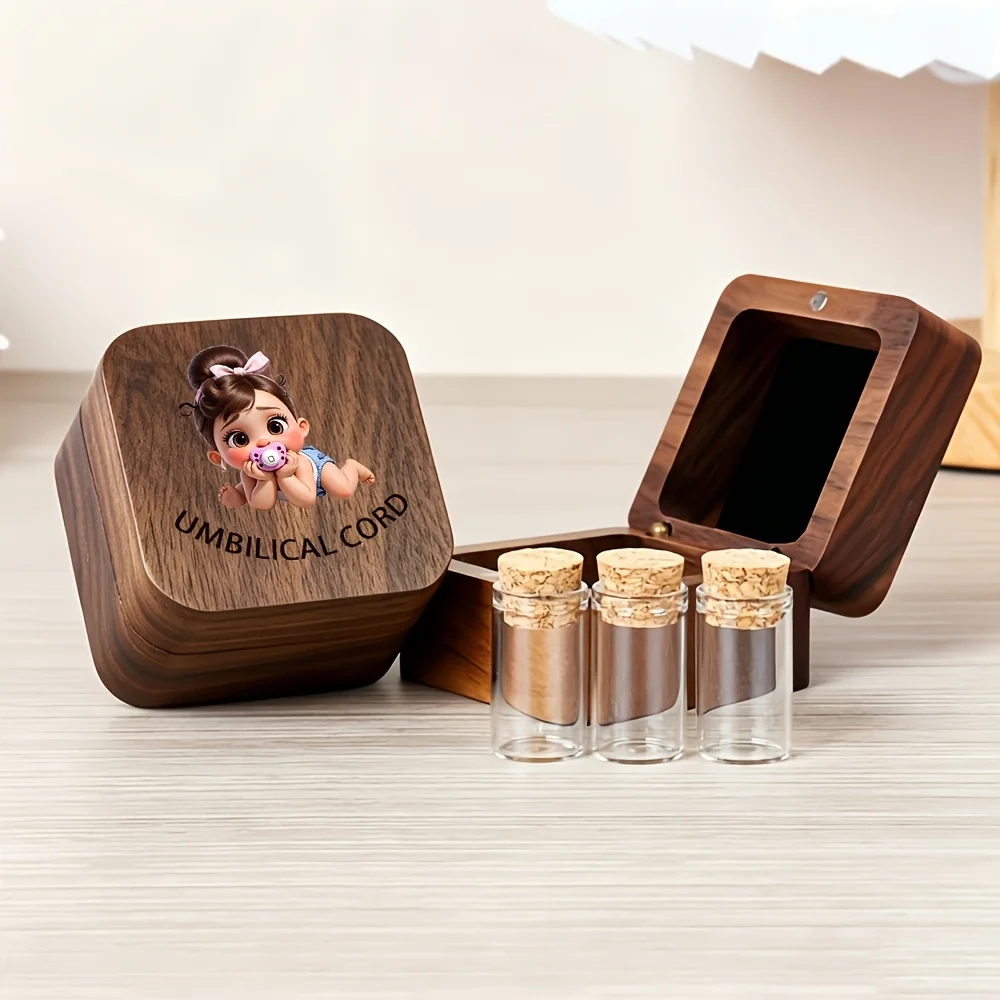 Wooden 2D Flat Umbilical Cord Box Set Birth Souvenir Tooth Fetal Hair Storage Box Growth Commemorative Home Decor Birthday Gift