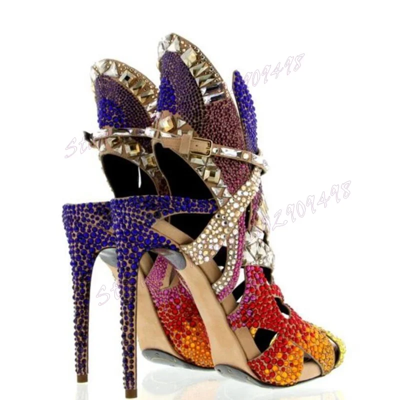 Multicolor Rhinestone Decor Hollow Out Sandals Open Toe Shoes for Women Stilettos High Heels Sexy Shoes 2024 Zapatos Para Mujere