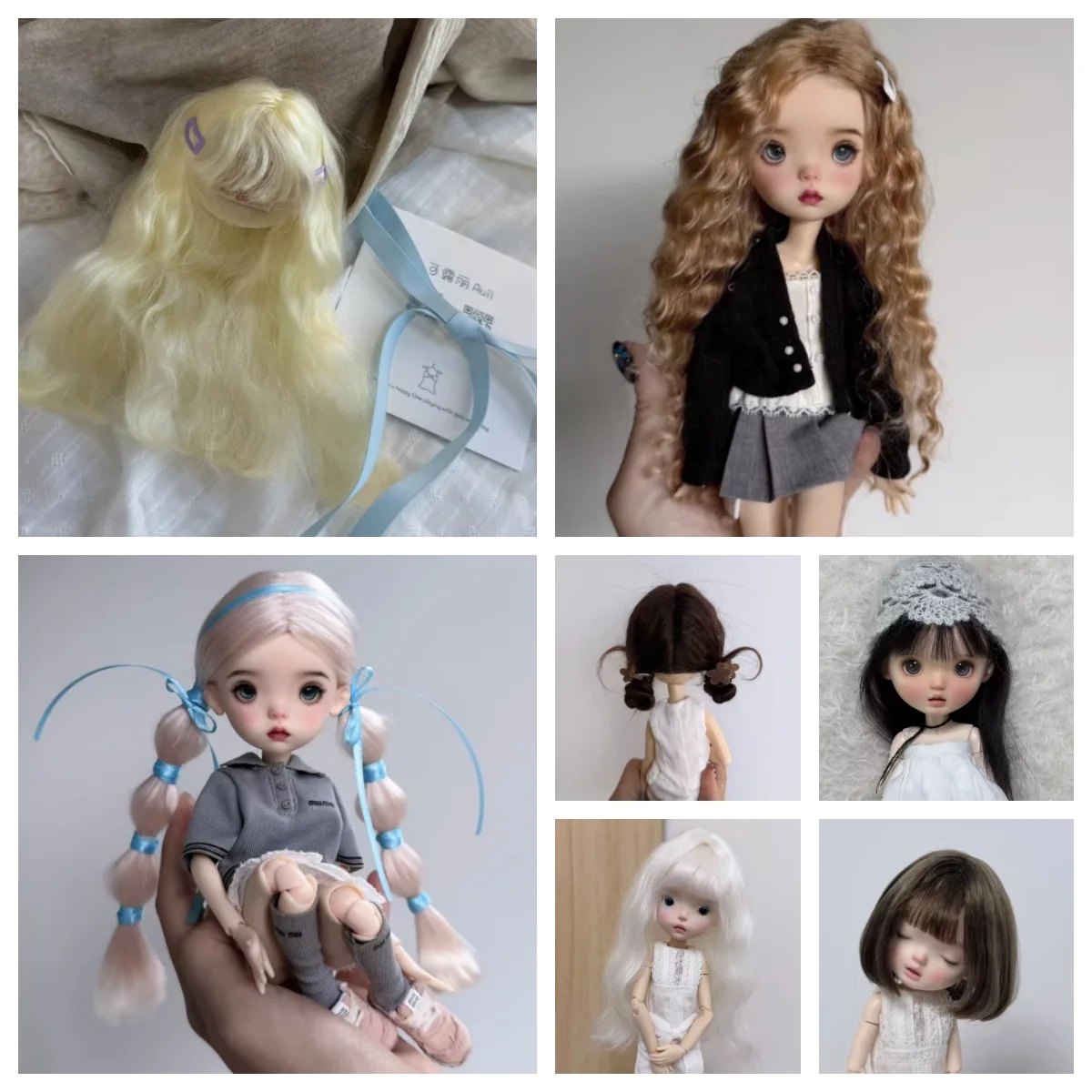

Blythe Wig BJD Wig Mohair, Long Straight Hair with Bangs Pigtails, Comb Top Non-Acid Quality, 16cm 16.5cm Head Size