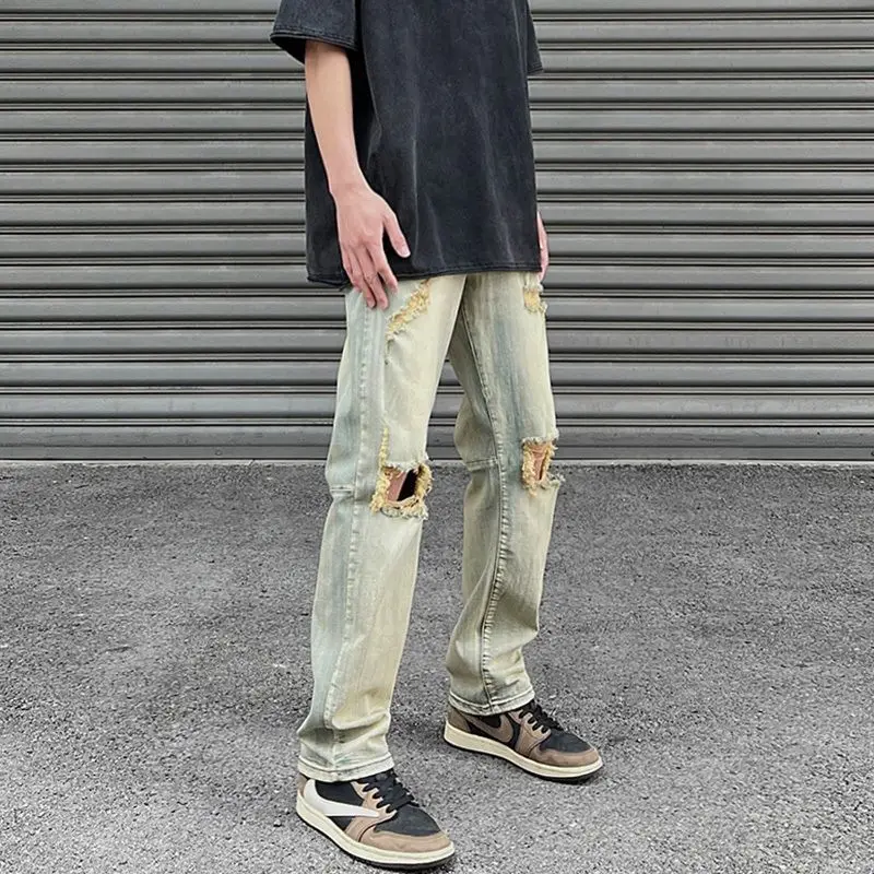 

Broken Men's Jeans Ripped Torn Straight Trousers Male Cowboy Pants with Holes Soft 90s Streetwear Cotton Original Korean Fashion