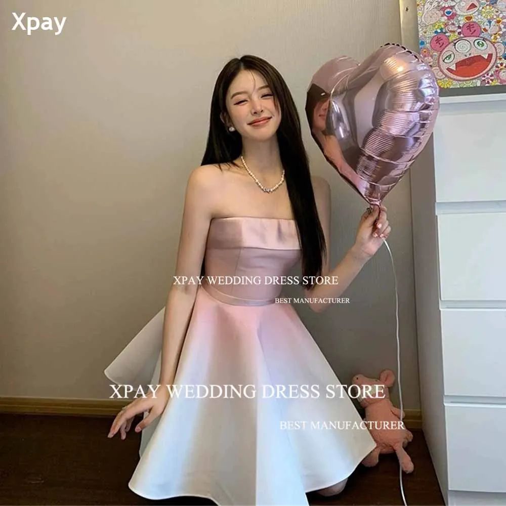 

XPAY Strapless Gradient 2 Pcs Pink Evening Dresses 2024 Korean Sleeveless Wedding Photos Shoot Short Mini Formal Party Gown