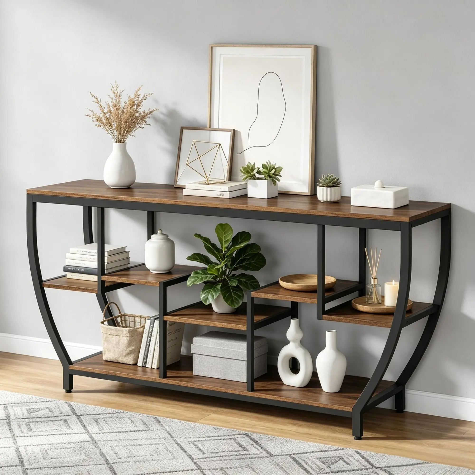Industrial Console Table 70.9 Inch Entryway Sofa with Shelves for Hallway Living Room Rustic Metal Wood