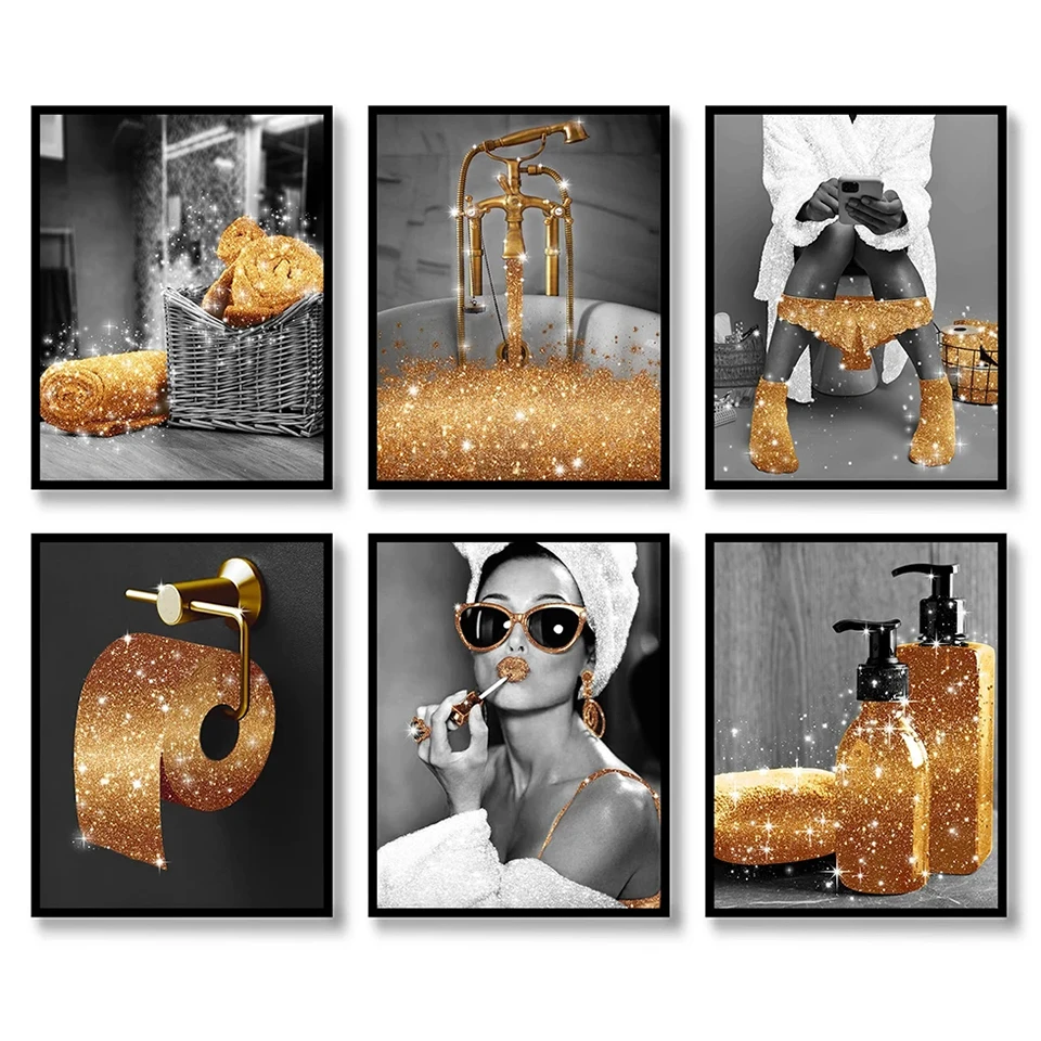 Modern Fashion Woman Gold Glam Glitter Diamonds Painting Home Decor Black White Sexy Girl Full Square Drill Bathroom Moasic Art