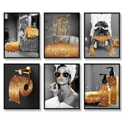 Modern Fashion Woman Gold Glam Glitter Diamonds Painting Home Decor Black White Sexy Girl Full Square Drill Bathroom Moasic Art