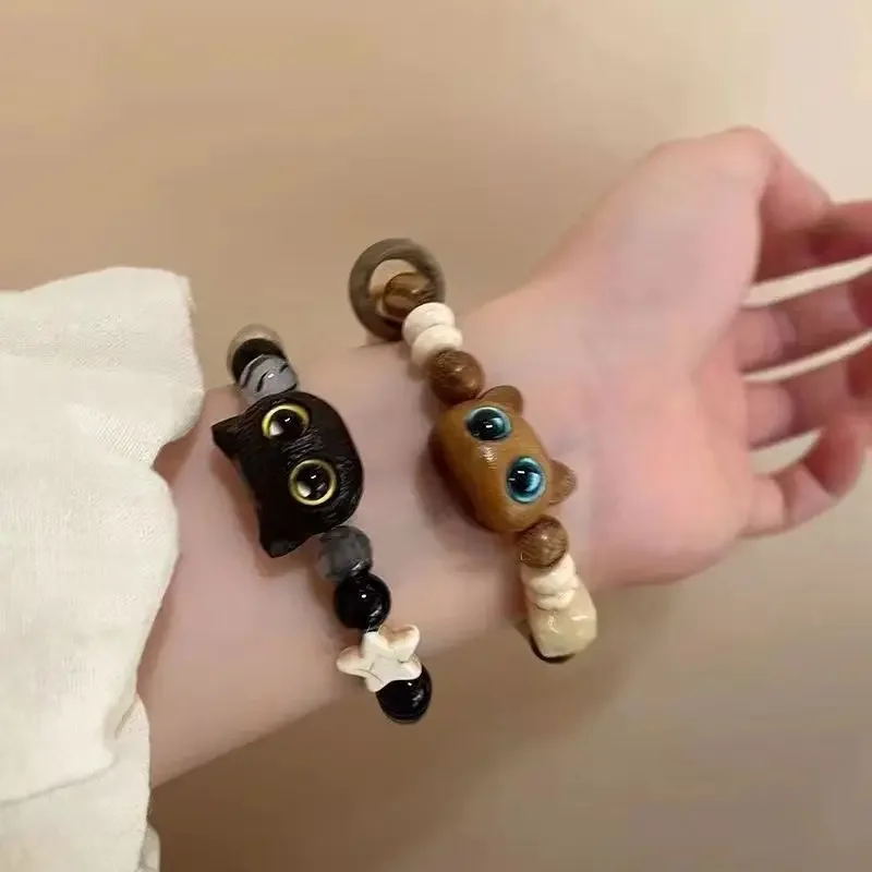 Anime cute handmade beaded kitten wooden bracelet