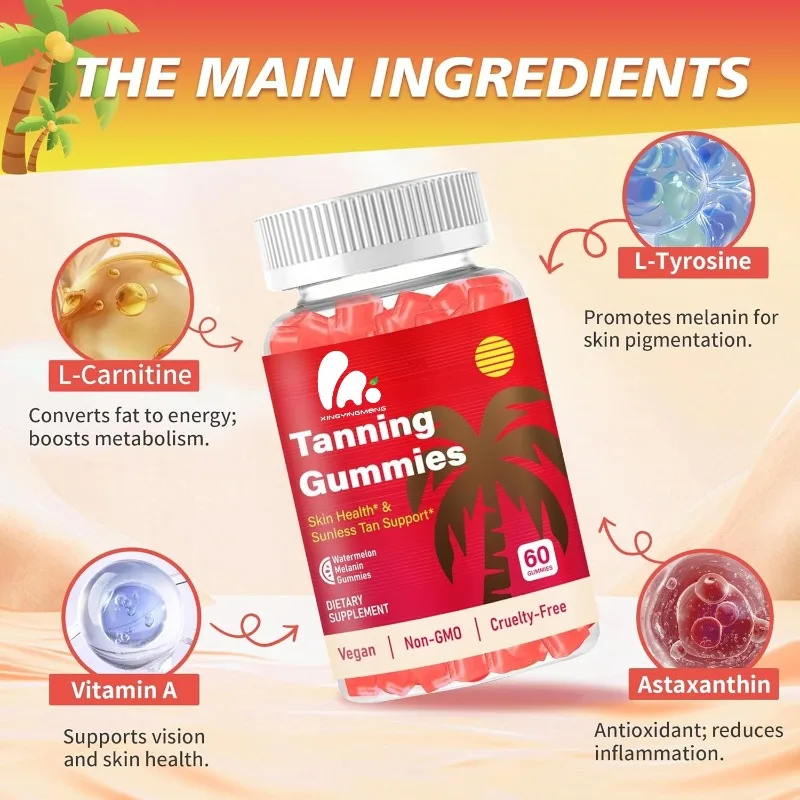

Female tanned gummies contain astaxanthin, L-tyrosine, lycopene, vitamin A | glossy skin and antioxidant support