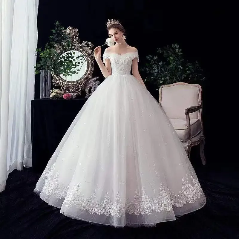 

LZPOVE Wedding Gowns Sweet Tulle Sequined Floor-length Lace Up Ball Gown Off The Shoulder Vintage Wedding Dresses Custom Size