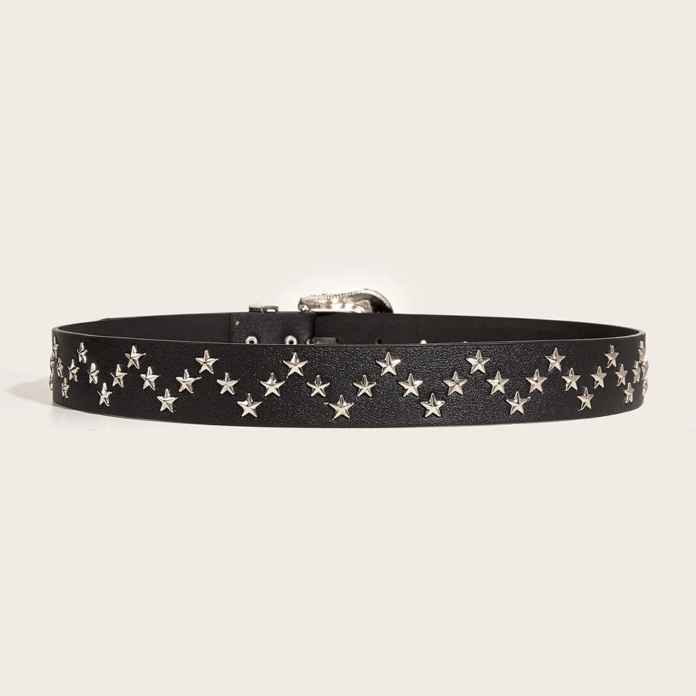 Men Women Girdle Western Cowboy Waistband Waist Strap PU Leather Belt Adjustable Wave Star Style Stars Rivet Belt Metal Pin Y2K