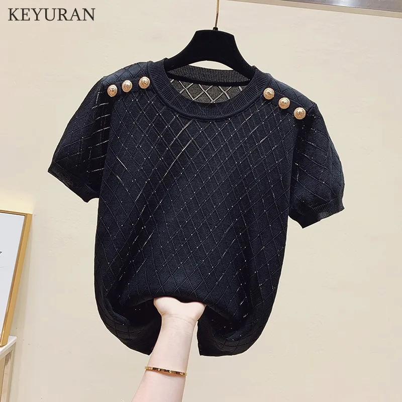 2024 Summer Hollow Short Sleeve Knitted Sweater Women Pullovers Korean O Neck Ice Silk Button Solid Knitwear Tops Femme Jumper