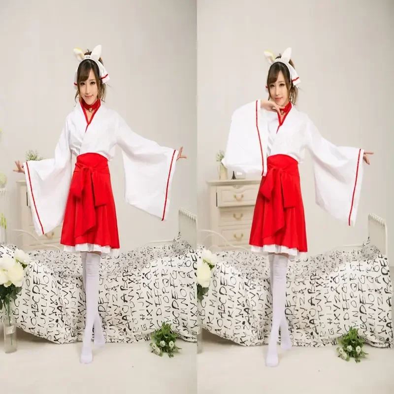 Anime Fox x Puss ss White Ghost Courtyard Ringing Butterfly Return to Ancestor Witch Kimono Cosplay Full Set of Women's Clothing