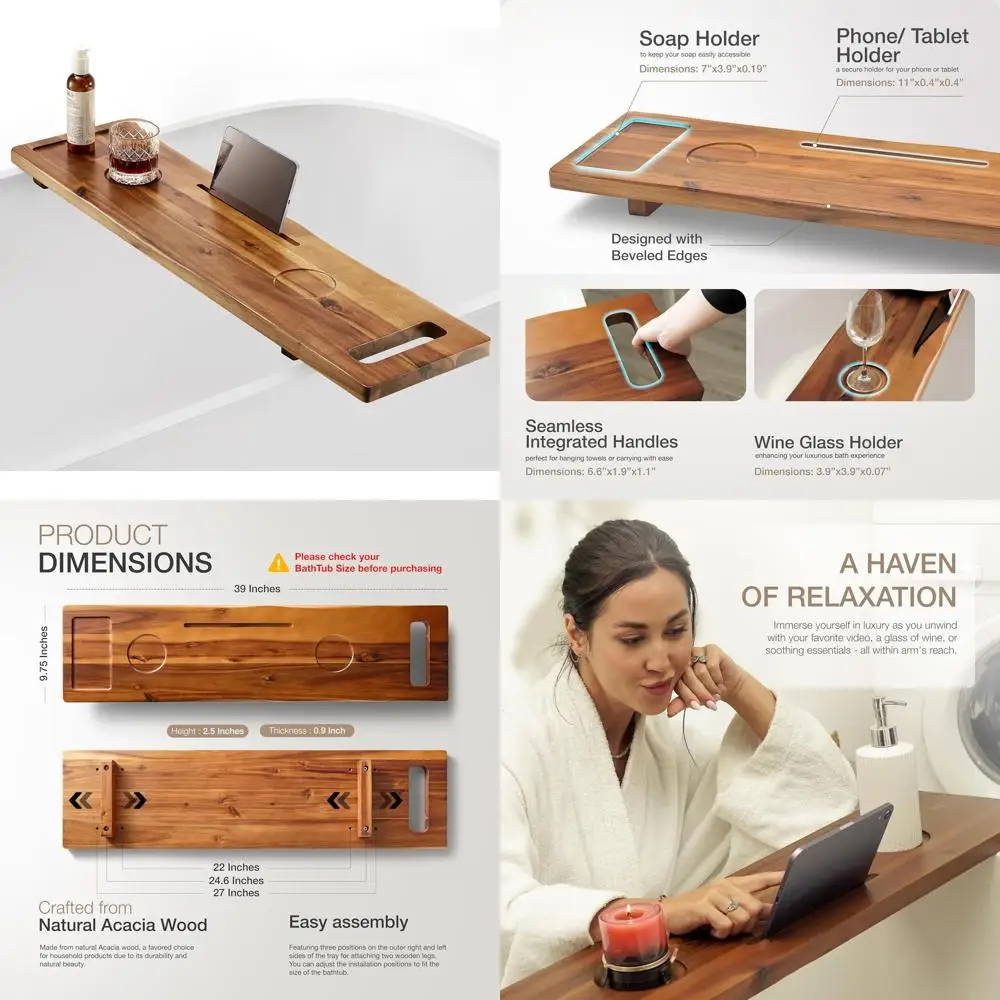 

Большой деревянный поднос для ванны, 39 x 9.75, с защитой от опрокидывания, экологичный, идеально подходит для аксессуаров для ванной