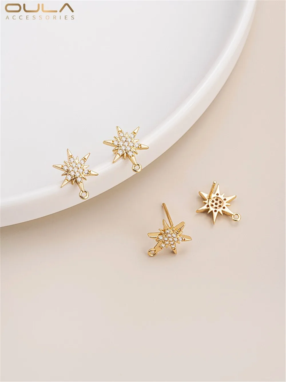 14K Gold-Color Plated 925 Microinset Zircon Hexawn Star with Hanging Half Hole Pearl Support Snowflake Earrings Accessories