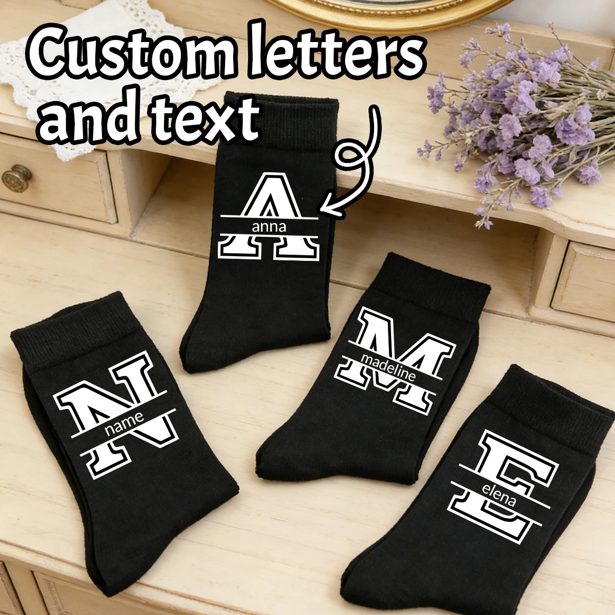 

Носки с индивидуальным текстом, черные, персонализированные мужские носки, носки для женщин, свадебные подарки, носки для мальчиков с именем на заказ
