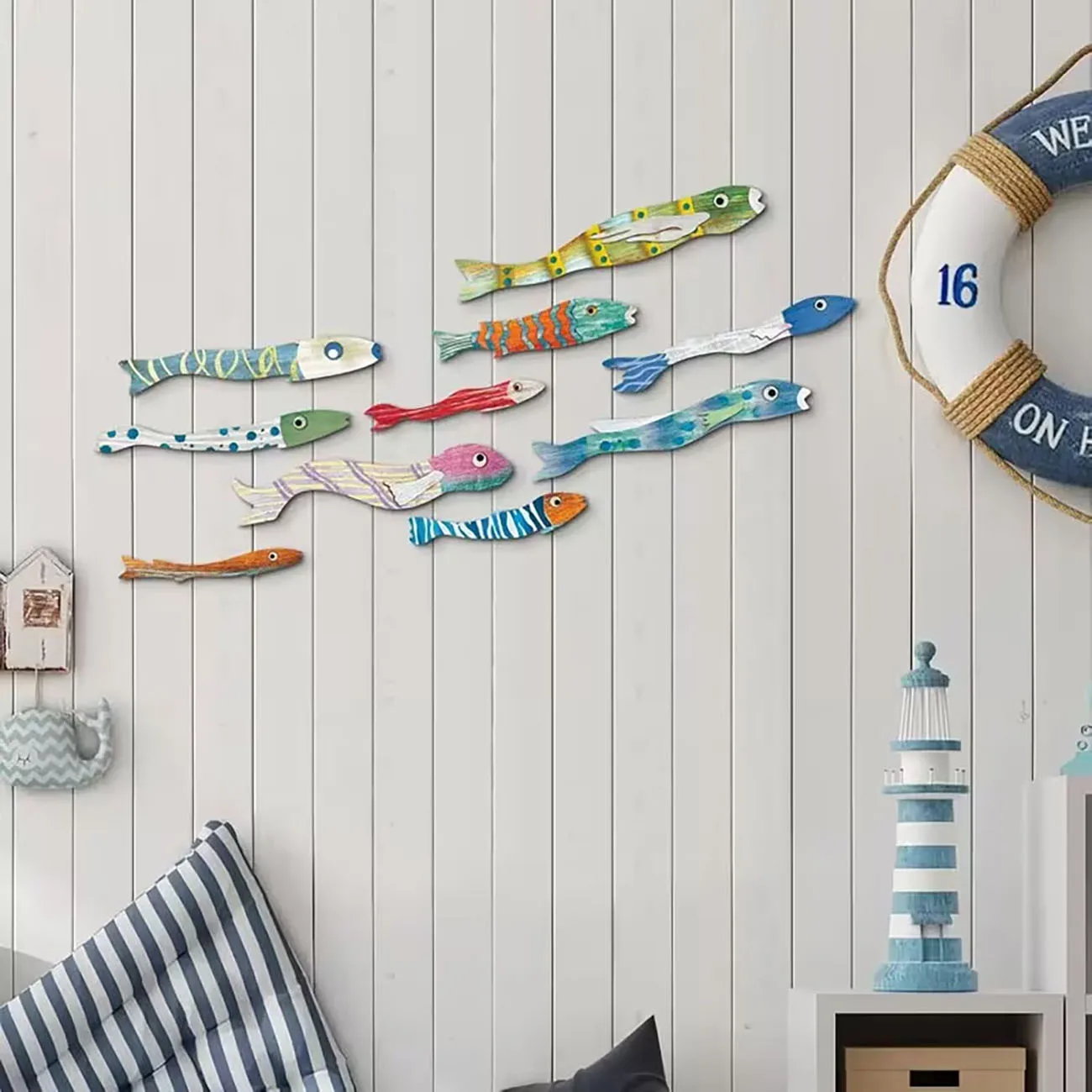 10Pcs Colorful Fish Wooden Wall Decor with Nano Tape, Coastal Wood Wall Art