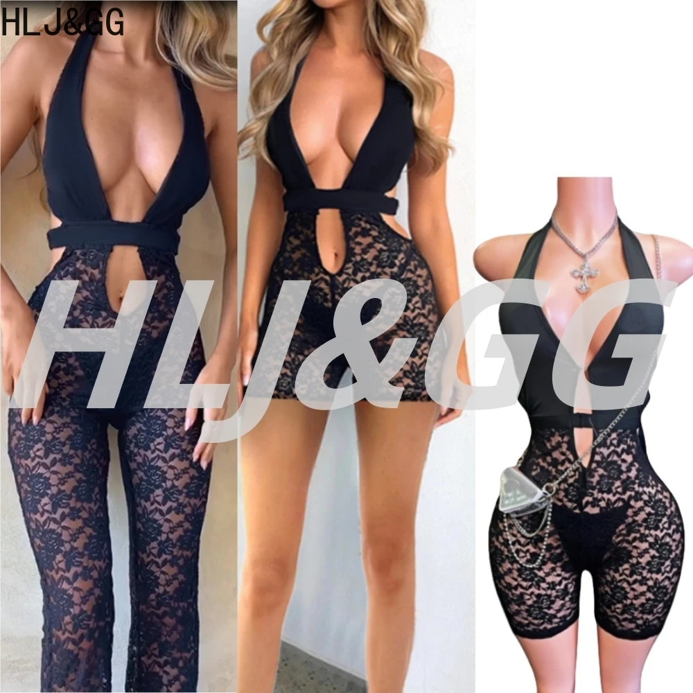 

HLJ&GG Black Sexy Lace See Though Hollow Out One Piece Rompers Women Halter Sleeveless Backless Slim Jumpsuits Fashion Overalls