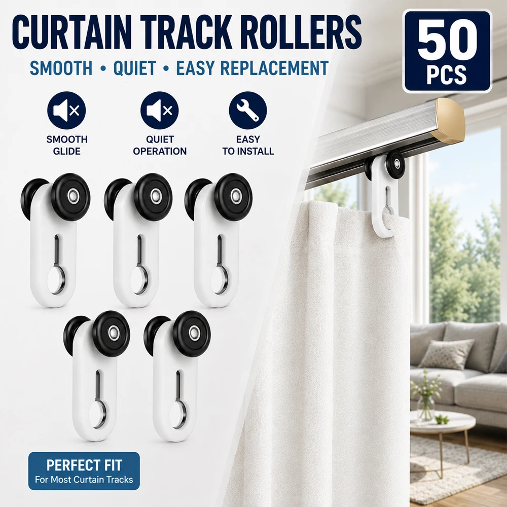 Curtain Track Rollers 50PCS Replacement Gliders Quiet Sliding Hooks For Ceiling Wall Mounted Curtain Rails Home Office Bedroom