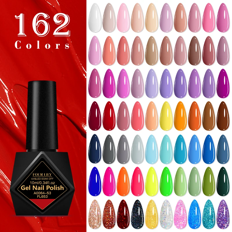 FOUR LILY 10ml 162 Farben UV LED Gel Nagellack, ablösbarer, semi-permanenter Lack, alle Farbserien, langanhaltende Nägel für den Salon