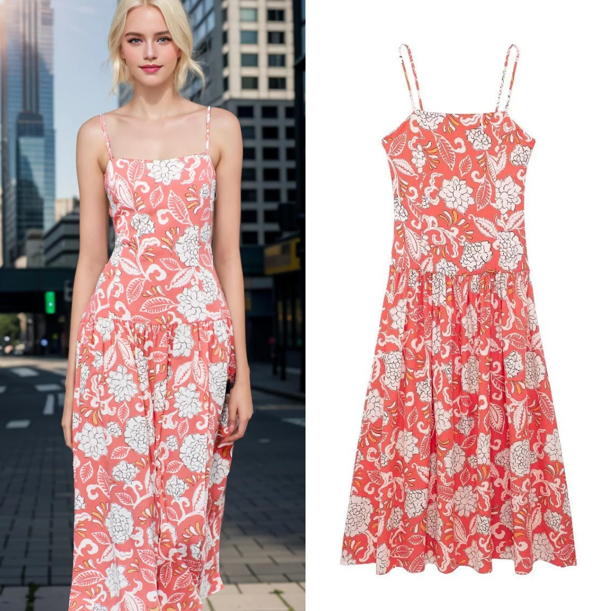 

TRAF Women's Fashion Printed Suspender Pleated Maxi Dress Elegant Sexy Sleeveless Backless Zipper Beach Party Dress 2024 Summer
