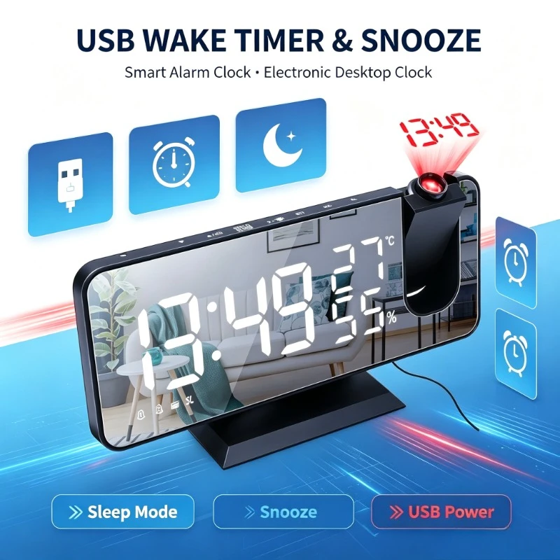 USB Powered Projection Time Clock LED Radio Display Snooze Mode Bedroom Desktop Smart Wake‑up Timepiece Unit