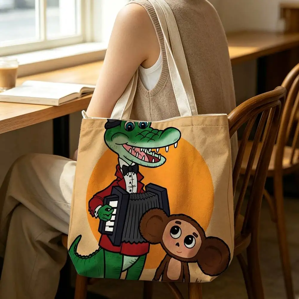Cartoon C-cheburashka Tote Bag for Women Reusable Shopping Tote Bag Zippered Shoulder Bags Print