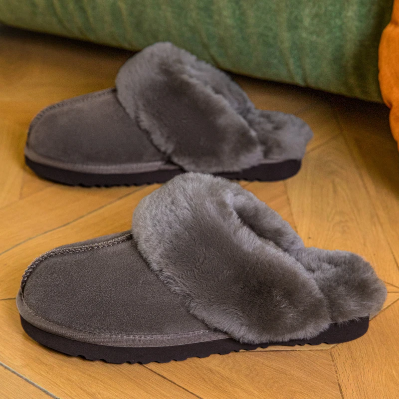Winter thick-soled fuzzy slippers, leather and fur combined, casual home and outdoor wear, women's closed-toe cotton slippers