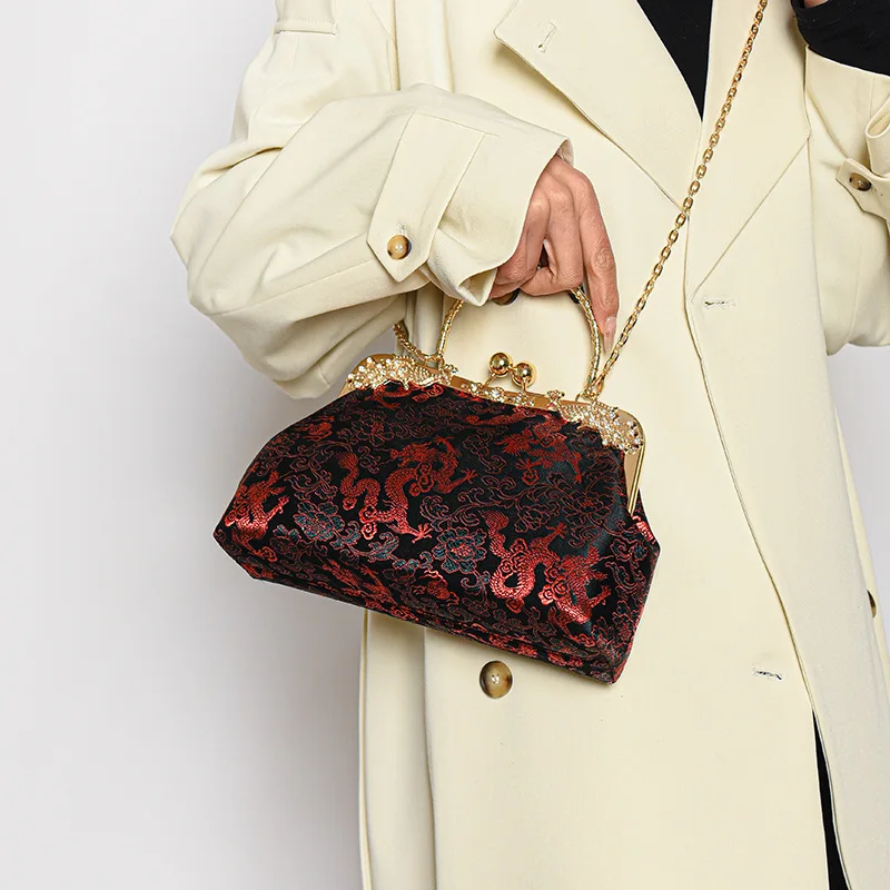 Women's Dragon Phoenix Pattern Retro Clutch Bag Metal Kiss-Lock Closure Chain Strap Casual Daily Evening Shoulder Bag 2026 New
