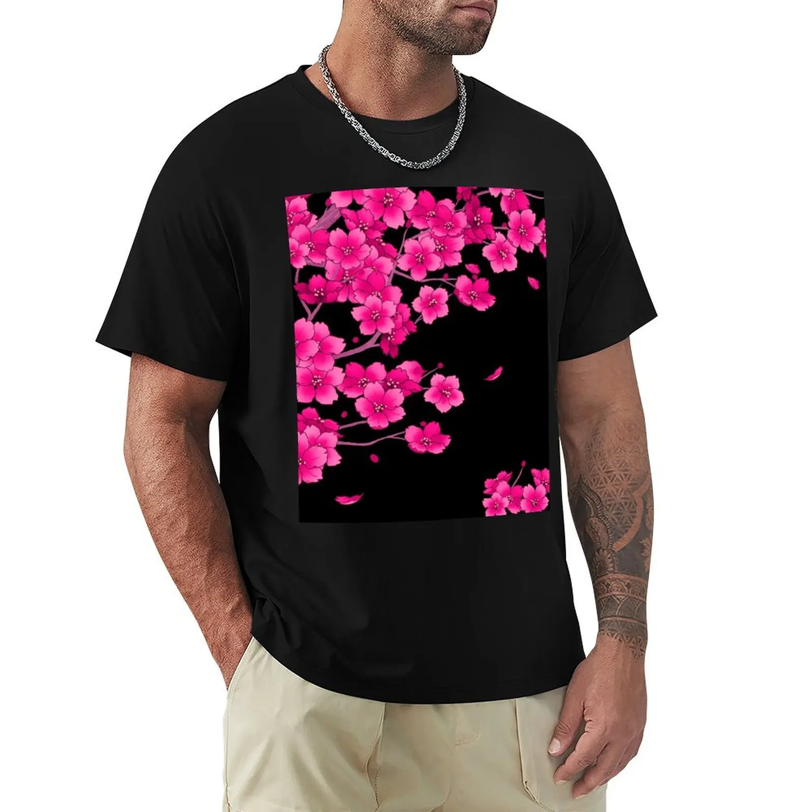 

Falling Neon Hot Pink Sakura Cherry Blossom T-Shirt custom t shirt cheap stuff shirts graphic tee black t shirts for men
