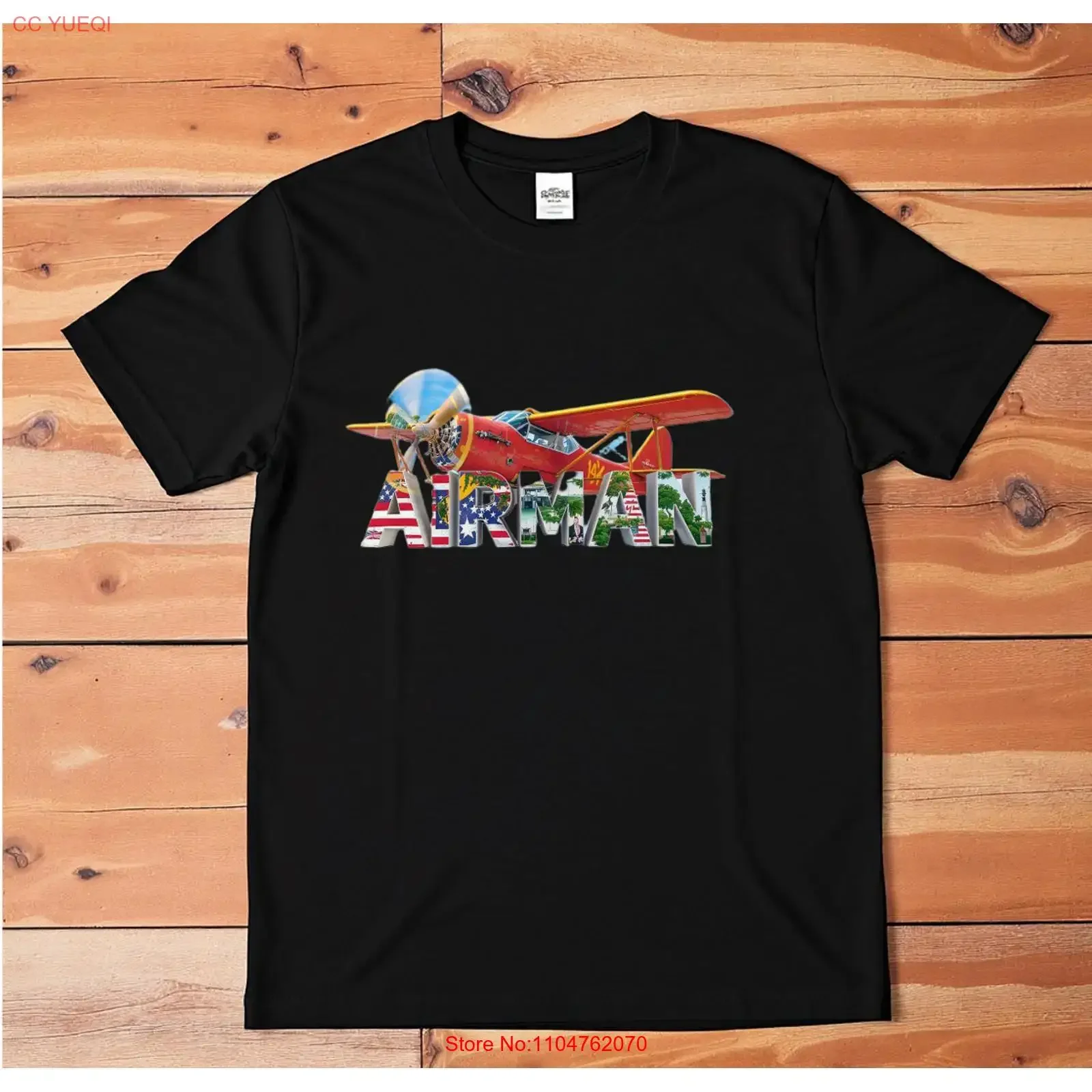 Vintage Biplane Airman T Shirt Patriotic Aviation Black long or short sleeves vintage Washed Unisex graphic homme streetwear