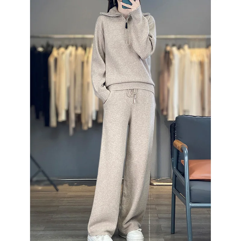 

New Women's Set 100% Wool Knitted Women's Sweater Wool Wide Leg Pants 2-piece Set Fashionable Hot Selling Casual Women's Set