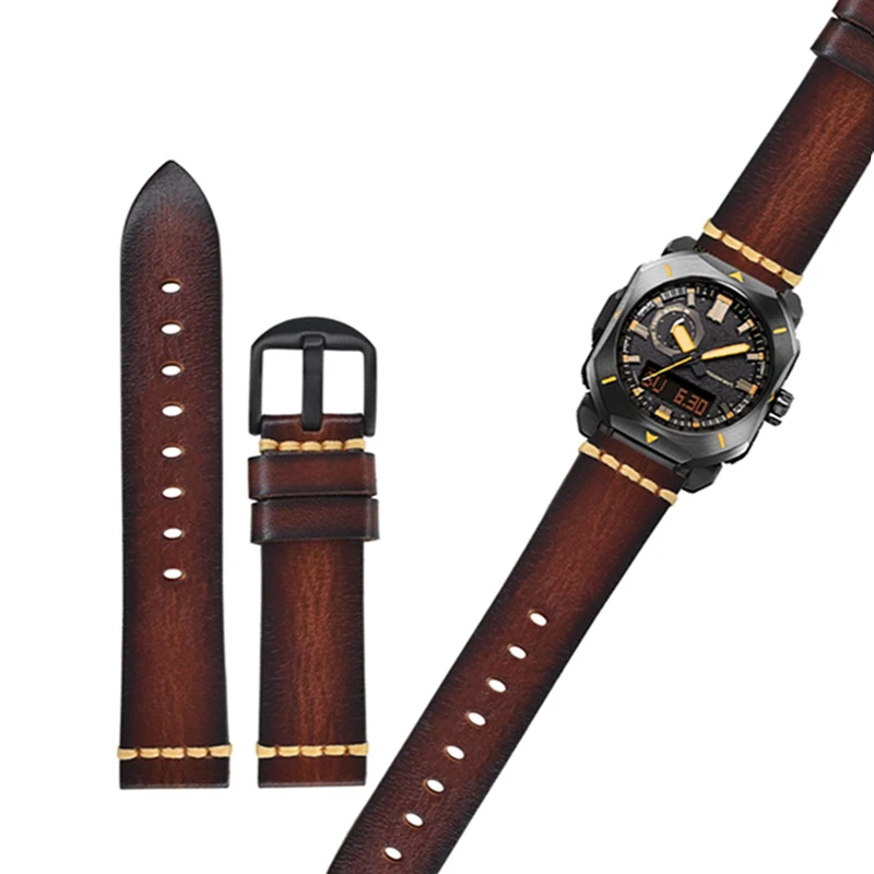 Wtitech Vintage Vegetable Tanning Cowhide Leather Strap Watch Band Bracelet for Protrek PRW-6900Y/6800/3400Y Series Watch