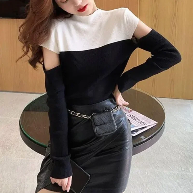 New in Knitwears Autumn Winter Long Sleeve T Shirt for Women Off Shoulder 90s Vintage Sale Y2k Goth One Pieces Emo Tops Woman