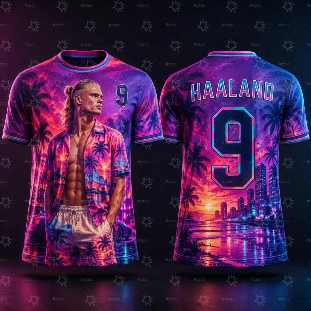 2026 Haaland No. 9 Football Jersey Neon City Landscape Graphic T Shirt Sports Men's T-Shirt Children's Clothing Tee Y2k Woman ﻿