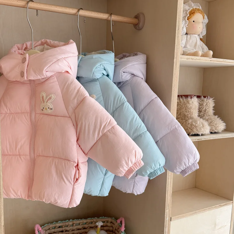 Toddler Girls Hooded Padded Jacket 2026 Autumn Winter Baby Kids Cute Rabbit Towel Embroidery Zipper Warm Thick Outerwear Tops