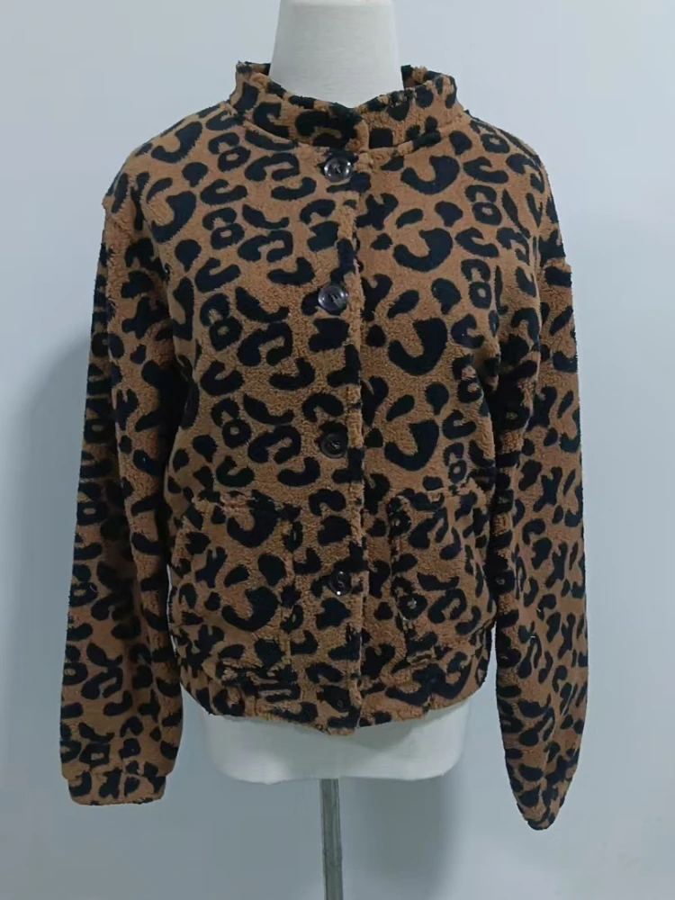 ليوبارد قصيرة فو الفراء سترة واحدة الصدر الرجعية أفخم معطف فضفاض أنيق المرأة رقيق السترات الشتاء الدافئة فروي ملابس خارجية