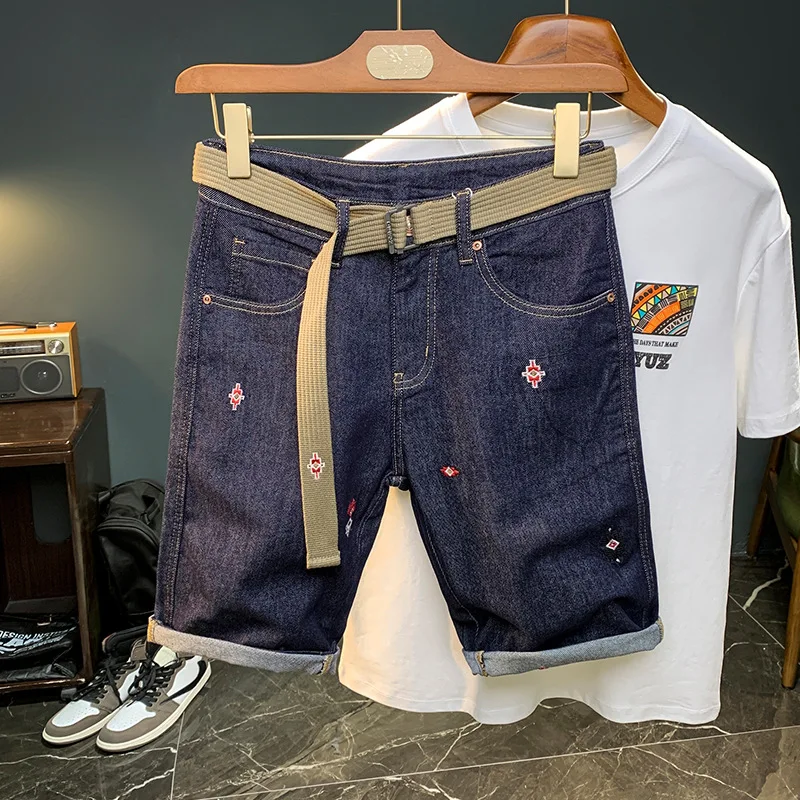 Summer thin denim shorts MEN'S embroidered slim fit elastic trend versatile fashion high-end luxurious straight casual capris
