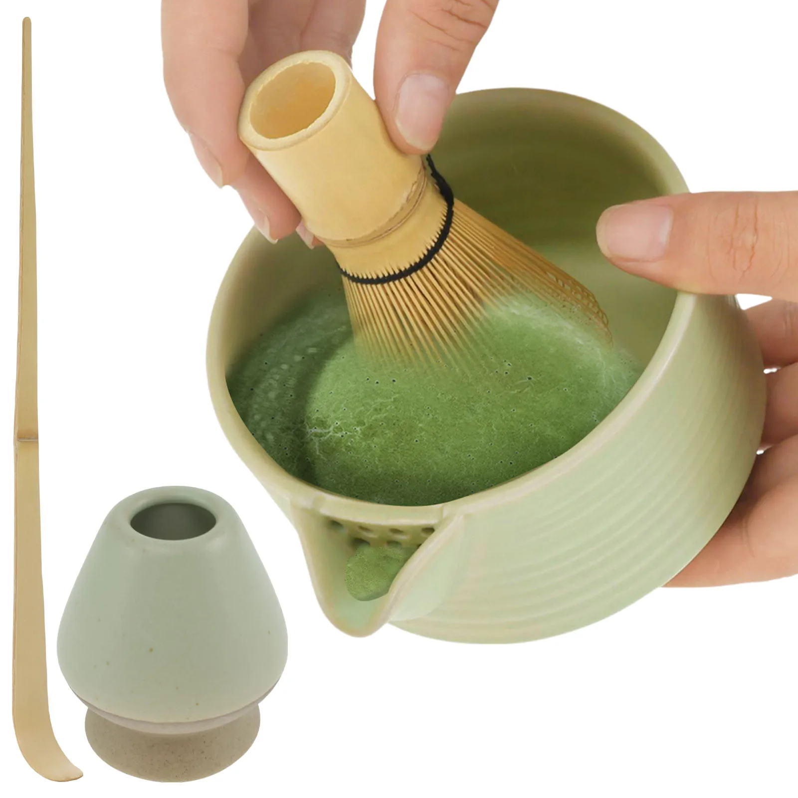 4Pcs Matcha Whisk Set Elegant Matcha Kit Reusable Matcha Tea Set 500ml Ceramic Matcha Bowl with Pouring Spout for Tea Lovers